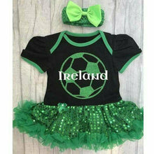 Load image into Gallery viewer, Ireland Football Black and green Tutu Romper, with green football and white text, including matching green headband.