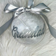 Load image into Gallery viewer, Personalised Christmas Family Member Bauble filled with white feathers