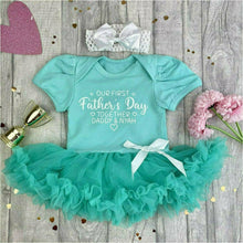 Load image into Gallery viewer, Personalised 'Our First Father's Day Together' Daddy and Name Baby Girl Tutu Romper With Matching Bow Headband, White Glitter Design With Hearts