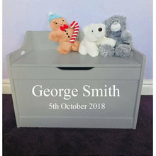 Load image into Gallery viewer, Personalised Birthday Baby Girl or Boy grey toddler wooden Toy Storage Box