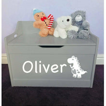 Load image into Gallery viewer, Personalised Dinosaur Baby Girl or Boy grey toddler wooden Toy Storage Box