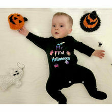 Load image into Gallery viewer, My First Halloween Baby Boys or Girls Full-Body Black Sleepsuit, Rainbow Design - Little Secrets Clothing
