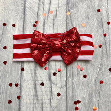 Load image into Gallery viewer, Baby Girl Red Striped Headband with Red or Green Sequin Glitter Bow