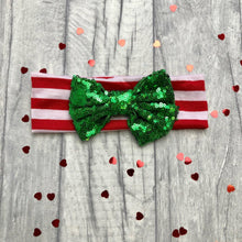 Load image into Gallery viewer, Baby Girl Red Striped Headband with Red or Green Sequin Glitter Bow