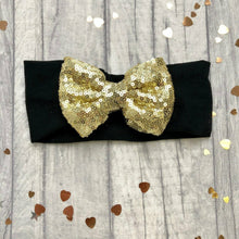 Load image into Gallery viewer, Baby Girl Black Headband with Gold Sequin Glitter Bow