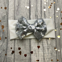 Load image into Gallery viewer, Baby Girl White Headband with Silver Sequin Glitter Bow