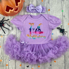 Load image into Gallery viewer, Rainbow Baby Girl 1st Halloween Witch Hat Light Purple Tutu Romper With Matching Bow Headband - Little Secrets Clothing