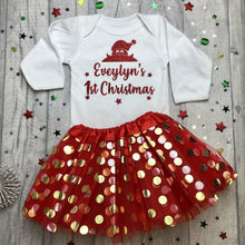 Load image into Gallery viewer, Baby Girl’s Personalised 1st Christmas Long Sleeve White Romper and Red Tutu Skirt, Red Glitter Santa Design