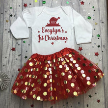 Load image into Gallery viewer, Baby Girl’s Personalised 1st Christmas Long Sleeve White Romper and Red Tutu Skirt, Red Glitter Santa Design