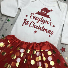 Load image into Gallery viewer, Baby Girl’s Personalised 1st Christmas Long Sleeve White Romper and Red Tutu Skirt, Red Glitter Santa Design