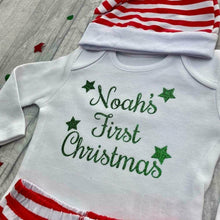 Load image into Gallery viewer, Babies Personalised First Christmas Long Sleeve White Romper Set With Pants and Hat