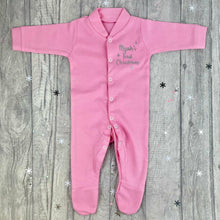 Load image into Gallery viewer, First Christmas Baby Boys & Girls Sleepsuit, Personalised Silver Star Christmas Pyjamas