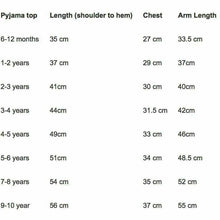 Load image into Gallery viewer, Pyjama Top Size Guide