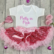 Load image into Gallery viewer, Pretty in Pink White Romper with Pink Sequin Tutu Skirt Set, With Pink Glitter and Heart Design