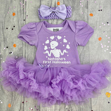 Load image into Gallery viewer, Personalised Funny Bones First Halloween Tutu Romper, Baby Girls Skeleton Outfit