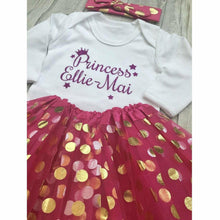 Load image into Gallery viewer, Personalised Princess outfit with hot pink polka dot skirt and matching headband - Little Secrets Clothing