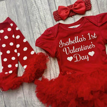 Load image into Gallery viewer, Personalised 1st Valentine's Day Baby Girl Red Tutu Romper With Matching Bow Headband And Polka Dot Leg Warmers