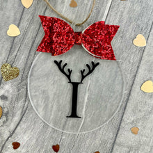 Load image into Gallery viewer, Personalised Initial & Reindeer Antlers Christmas Bauble with Glitter Bow, Flat Christmas Decoration