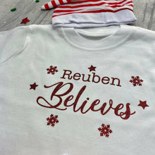Load image into Gallery viewer, Personalised Believes Children's White Christmas T-shirt Set with Pants and Hat - Little Secrets Clothing