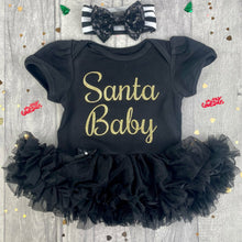 Load image into Gallery viewer, Santa Baby Christmas Baby Girl Black Tutu Romper With Black Sequin Bow Headband - Little Secrets Clothing