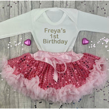 Load image into Gallery viewer, Girls 1st Birthday Sequin Outfit, Personalised White Romper with gold writing saying 1st birthday and a pink Sequin Tutu Skirt satin ribbon