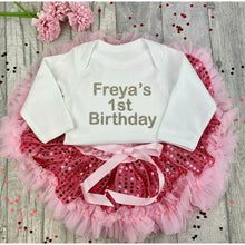 Load image into Gallery viewer, Girls 1st Birthday Sequin Outfit, Personalised White Romper with gold writing saying 1st birthday and a pink Sequin Tutu Skirt satin ribbon