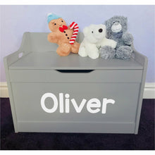 Load image into Gallery viewer, Personalised Baby Girl or Boy Rounded Text Design Grey Toddler Wooden Toy Storage Box
