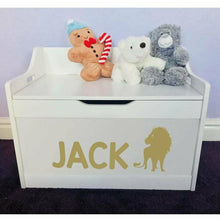 Load image into Gallery viewer, Personalised Baby Girl or Boy Lion Design White Toddler Wooden Toy Storage Box