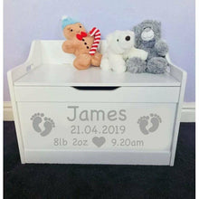 Load image into Gallery viewer, Personalised Birthday Newborn Baby Girl or Boy white toddler wooden Toy Storage Box