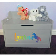 Load image into Gallery viewer, personalised-baby-girl-or-boy-multicoloured-unicorn-design-grey-toddler-wooden-toy-storage-box