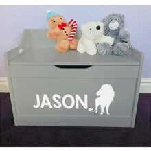 Load image into Gallery viewer, Personalised Baby Girl or Boy Lion Design Grey Toddler Wooden Toy Storage Box