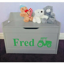 Load image into Gallery viewer, Personalised Baby Girl or Boy Tractor Design Grey Toddler Wooden Toy Storage Box