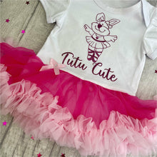 Load image into Gallery viewer, 'Tutu Cute' Baby Girl Tutu Romper With Matching Bow Headband, With Dark Pink Glitter Design, Cartoon Ballerina Design