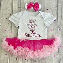Load image into Gallery viewer, 'Tutu Cute' Baby Girl Tutu Romper With Matching Bow Headband, With Dark Pink Glitter Design, Cartoon Ballerina Design