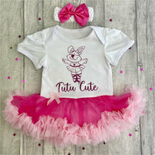Load image into Gallery viewer, 'Tutu Cute' Baby Girl Tutu Romper With Matching Bow Headband, With Dark Pink Glitter Design, Cartoon Ballerina Design
