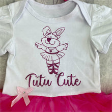 Load image into Gallery viewer, 'Tutu Cute' Baby Girl Tutu Romper With Matching Bow Headband, With Dark Pink Glitter Design, Cartoon Ballerina Design