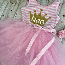 Load image into Gallery viewer, Girls 2nd Birthday, Pink and White Sleeveless Stripe Birthday Tutu Dress with Gold crown and white number two.