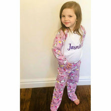 Load image into Gallery viewer, Personalised Unicorn Print Girls Pyjamas with glitter name