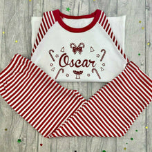 Load image into Gallery viewer, Personalised Red & White Stripe Christmas Pyjamas, Red Glitter Design