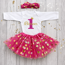 Load image into Gallery viewer, Personalised Baby Girl 1st Birthday Tutu Outfit, Pink Polka Dot Romper, Skirt &amp; Headband Set
