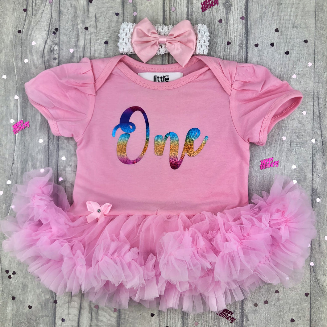 Baby Girls 1st Birthday Tutu Romper Dress, Rainbow Design