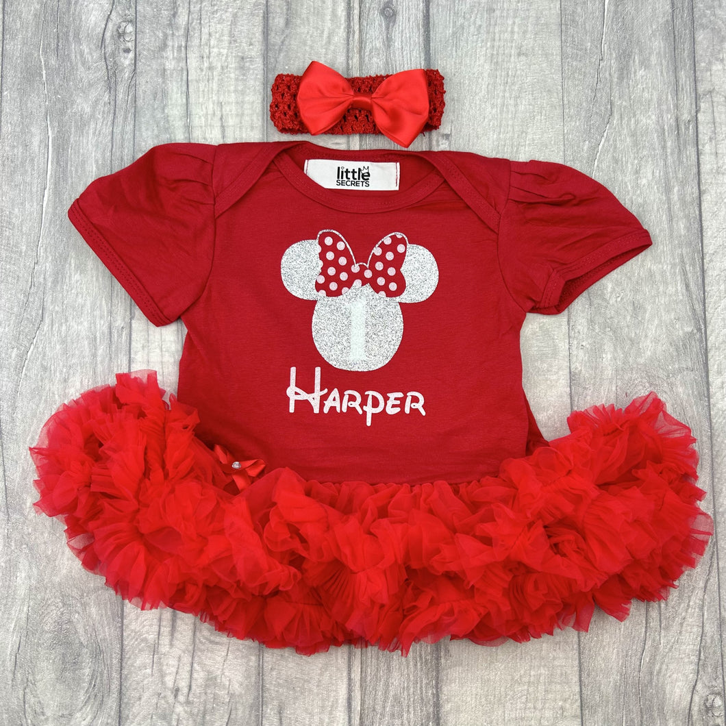 Red tutu romper with bow headband, silver minnie mouse design with white 1 inside and personalised name underneath
