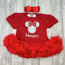 Load image into Gallery viewer, Red tutu romper with bow headband, silver minnie mouse design with white 1 inside and personalised name underneath
