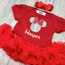 Load image into Gallery viewer, Red tutu romper with bow headband, silver minnie mouse design with white 1 inside and personalised name underneath
