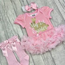 Load image into Gallery viewer, Baby Girl 1st Easter Pink Outfit Set, Gold Bunny
