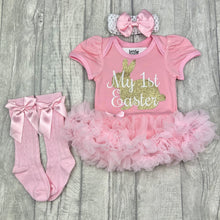 Load image into Gallery viewer, Baby Girl 1st Easter Pink Outfit Set, Gold Bunny
