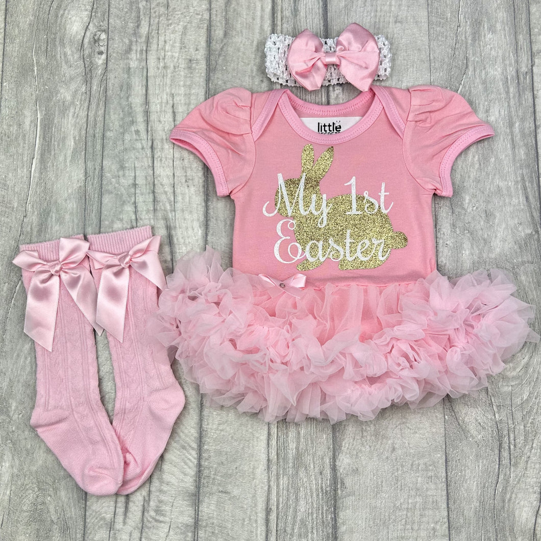 Baby Girl 1st Easter Pink Outfit Set, Gold Bunny - Little Secrets Clothing