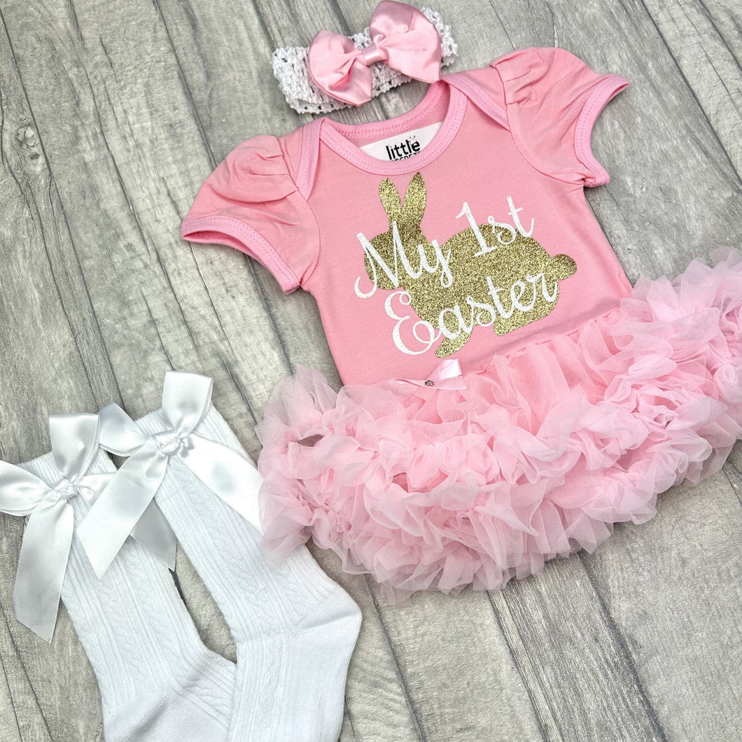 Baby Girl 1st Easter Pink Outfit Set, Gold Bunny