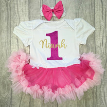 Load image into Gallery viewer, Baby girls white with pink tutu romper and matching bow headband above. The tutu romper features pink number 1 and personalised name in gold over the top
