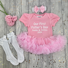 Load image into Gallery viewer, Personalised First Father&#39;s Day Pink Tutu Romper Outfit Set White Socks
